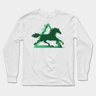 Horse Trotting with a Pixelated Triangular Explosion: Modern Design (green) Long Sleeve T-Shirt